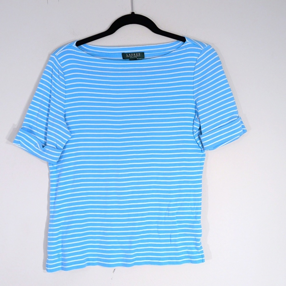 Lauren Ralph Lauren Blue Striped Top; Short Sleeve Boat Neck Cotton Tee